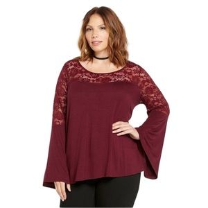 Torrid Lace Inset Bell Sleeve Top burgundy size 4XL